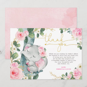 Pink Floral Elephant Baby Shower Thank You Card