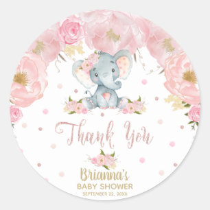 Pink Floral Elephant Baby Shower Thank You Classic Round Sticker