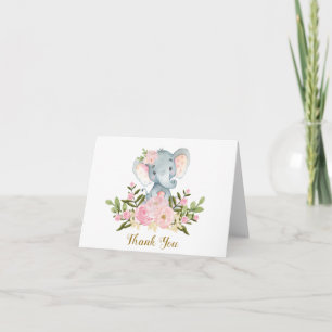 Pink Floral Elephant Baby Shower Thank You Note Card