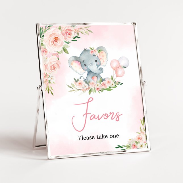Pink Floral Elephant Balloon Baby Shower Favours Poster (Floral Balloon Elephant Baby Shower Favors Sign)