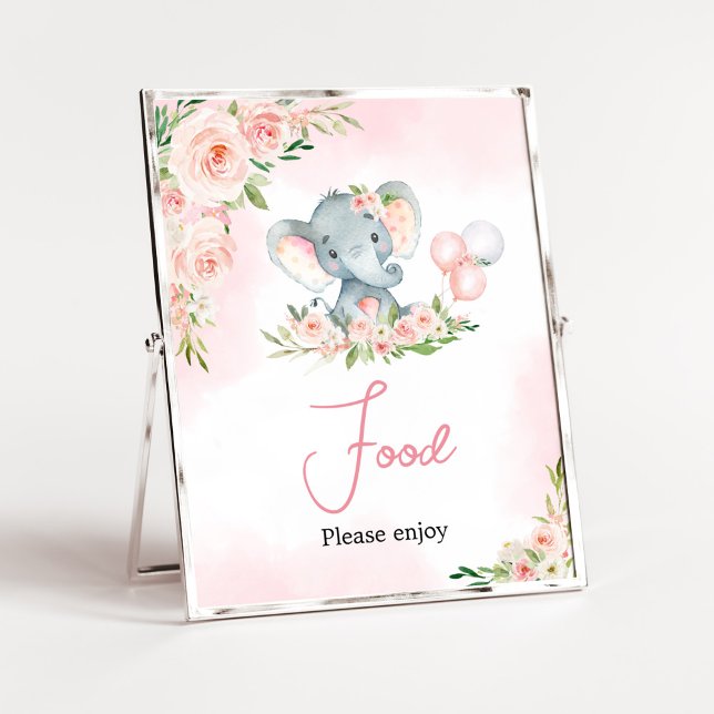 Pink Floral Elephant Balloon Baby Shower Food Poster (Floral Balloon Elephant Baby Shower Food Sign)