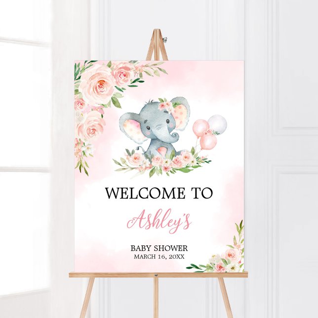 Pink Floral Elephant Balloon Baby Shower Welcome Poster (Floral Balloon Elephant Baby Shower Welcome Sign)