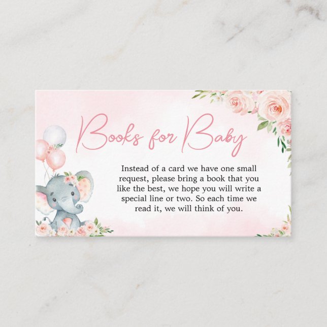 Pink Floral Elephant Balloon Books for Baby Enclosure Card (Front)
