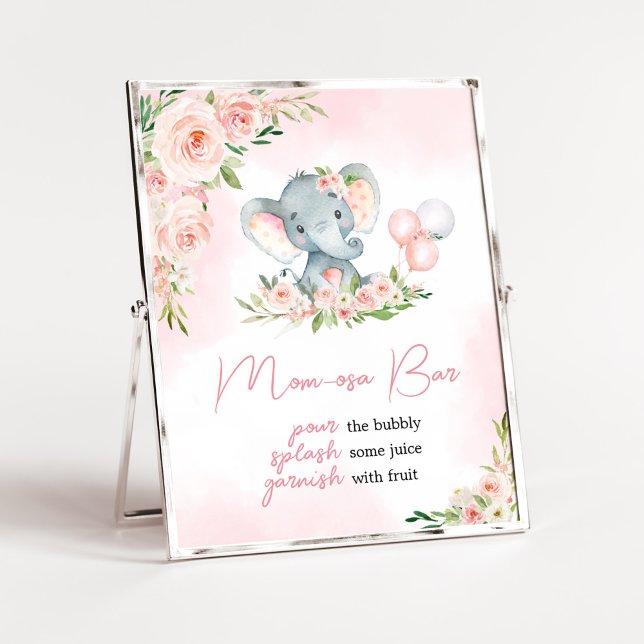 Pink Floral Elephant Balloon Mum Osa Bar Poster (Floral Balloon Elephant Baby Shower Mom Osa Bar Sign)