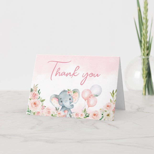 Pink Floral Elephant Balloon  Thank You Card (Front)