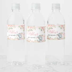 Pink Floral Elephant Balloon  Water Bottle Label