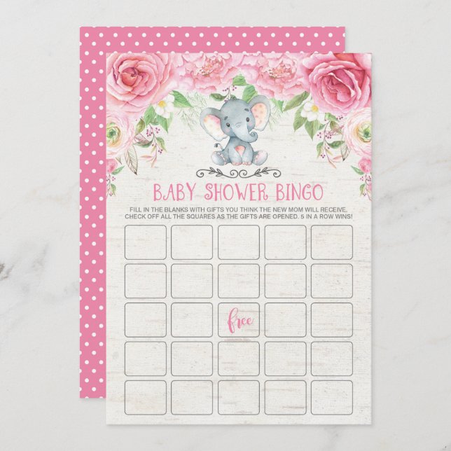 Pink Floral Elephant Bingo Baby Shower Game Card (Front/Back)