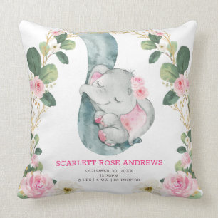 Pink Floral Elephant Birth Stats Girl Nursery Cushion