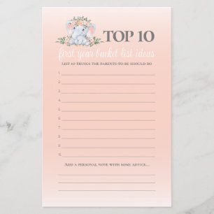 Pink Floral Elephant Bucket List Baby Shower Game