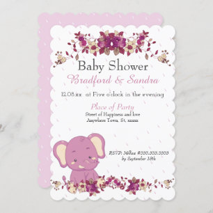 Pink Floral Elephant Chic Simple Baby Shower Invit Invitation