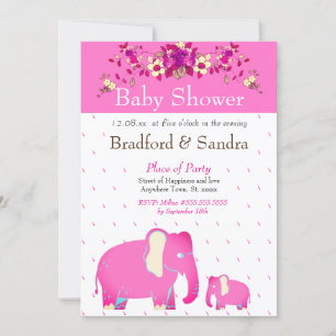 Pink Floral Elephant Chic Simple Baby Shower Invitation
