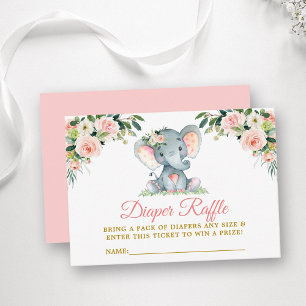 Pink Floral Elephant Diaper Raffle Baby Shower Enclosure Card