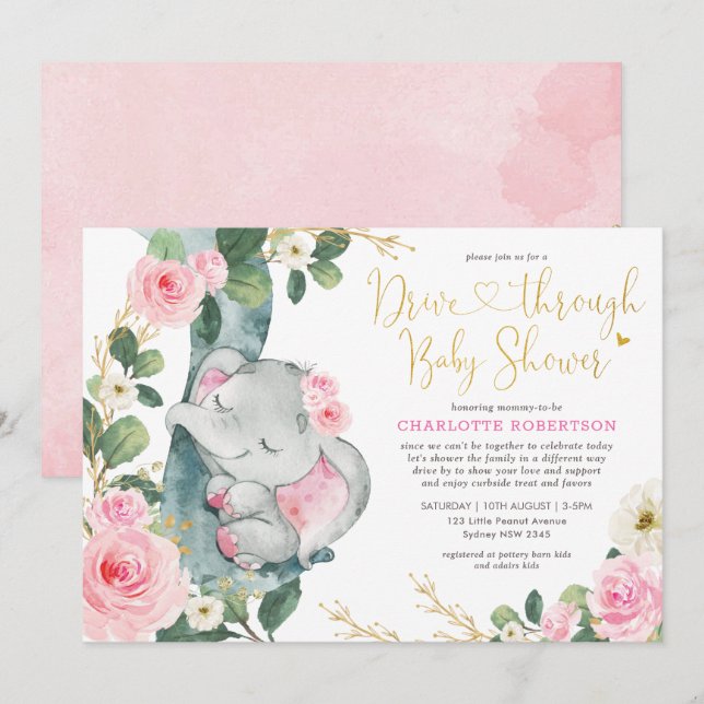 Pink Floral Elephant Drive By Girl Baby Shower Invitation (Front/Back)