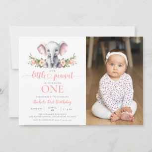 Pink Floral Elephant Girl 1st Birthday Photo Invitation