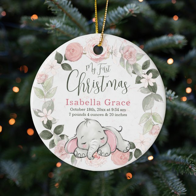 Pink Floral Elephant Girl Baby 1st Christmas Photo Ceramic Ornament (Creator Uploaded)