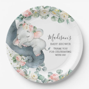 Pink Floral Elephant Girl Baby Shower Birthday  Paper Plate