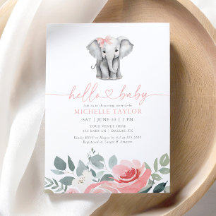Pink Floral Elephant Girl Baby Shower Invitation