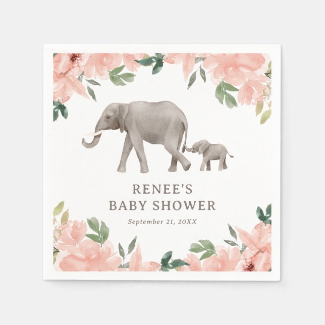 Pink Floral Elephant Girl Baby Shower Napkin (Front)