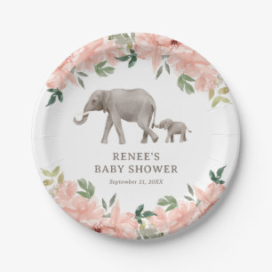 Pink Floral Elephant Girl Baby Shower Paper Plate