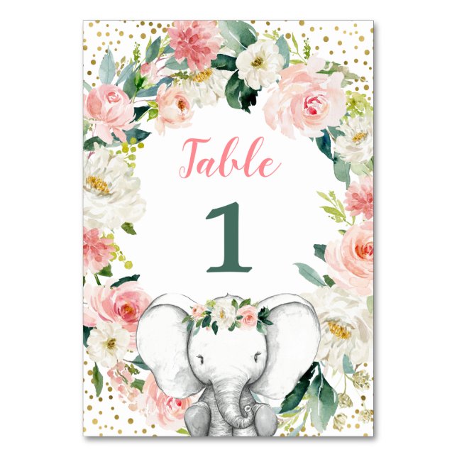Pink Floral Elephant Girl Baby Shower Table Number (Front)