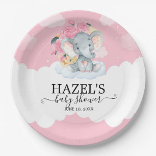 Pink Floral Elephant Little Peanut Baby Shower Paper Plate