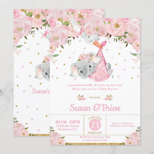 Pink Floral Elephant Stork Bundle Girl Baby Shower Invitation