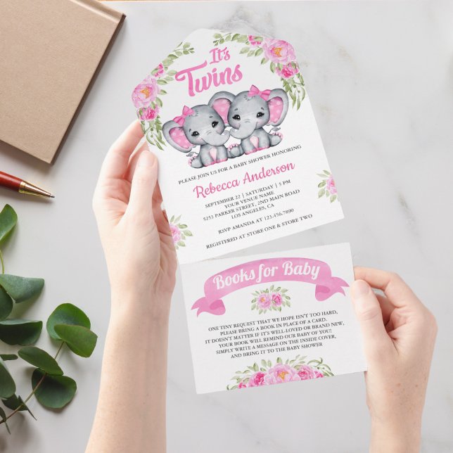 Pink Floral Elephant Twin Girls Baby Shower All In One Invitation (Creator Uploaded)
