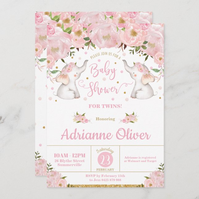 Pink Floral Elephant Twin Girls Baby Shower Invitation (Front/Back)