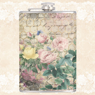 Pink Floral Ephemera with Beehive and Writing Hip Flask