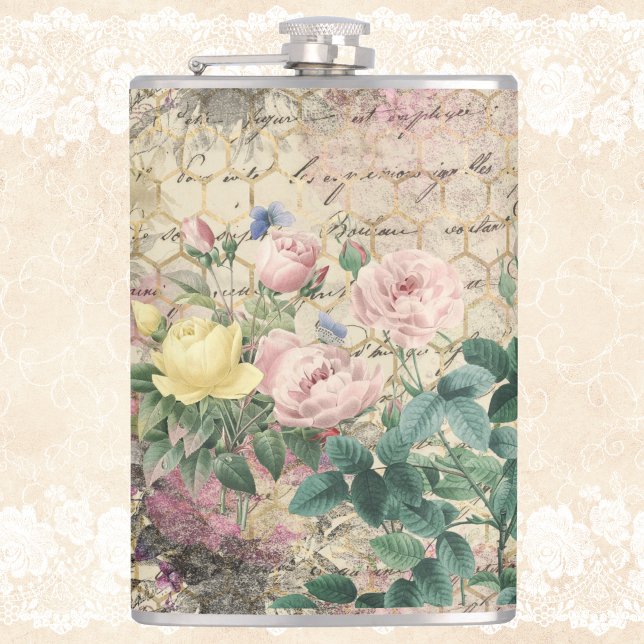 Pink Floral Ephemera with Beehive and Writing Hip Flask (Creator Uploaded)