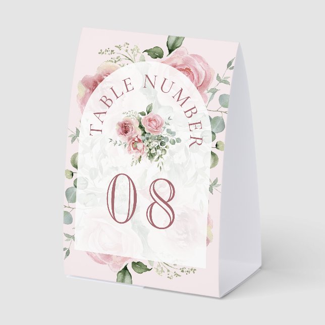 Pink Floral Eucalyptus Arch Wedding Table Number (Front)