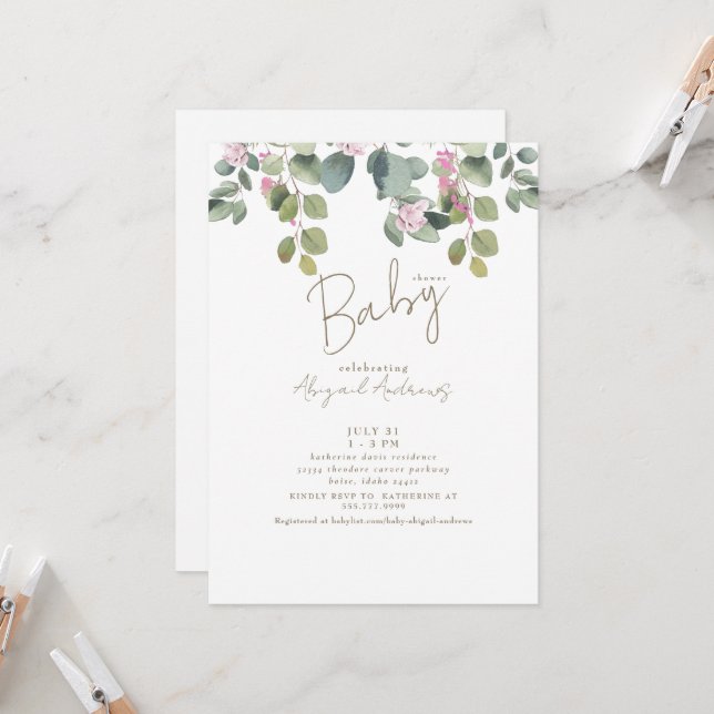 Pink Floral Eucalyptus Baby Shower Invitation (Front/Back In Situ)