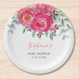 Pink Floral Eucalyptus Baby Shower Paper Plate
