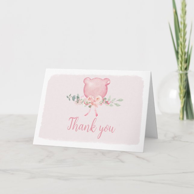 Pink Floral Eucalyptus Balloon Baby Shower Thank You Card (Front)