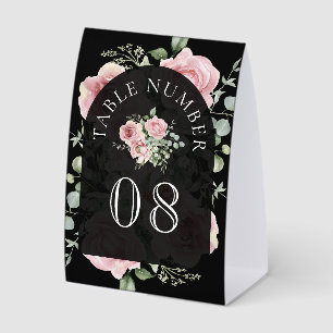 Pink Floral Eucalyptus Black Wedding Table Number
