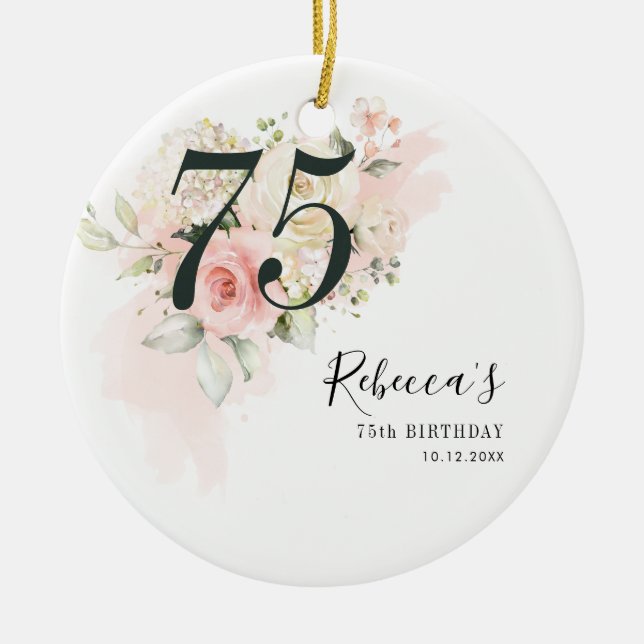 Pink Floral Eucalyptus Botanical 75th Birthday Ceramic Ornament (Front)
