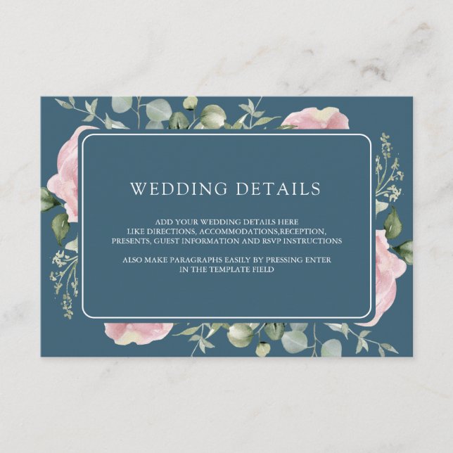 Pink Floral Eucalyptus Dusty Blue Wedding Details Enclosure Card (Front)