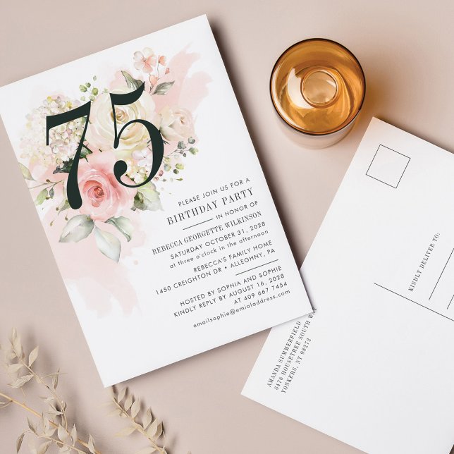 Pink Floral Eucalyptus Foliage 75th Birthday Party Invitation Postcard (Creator Uploaded)