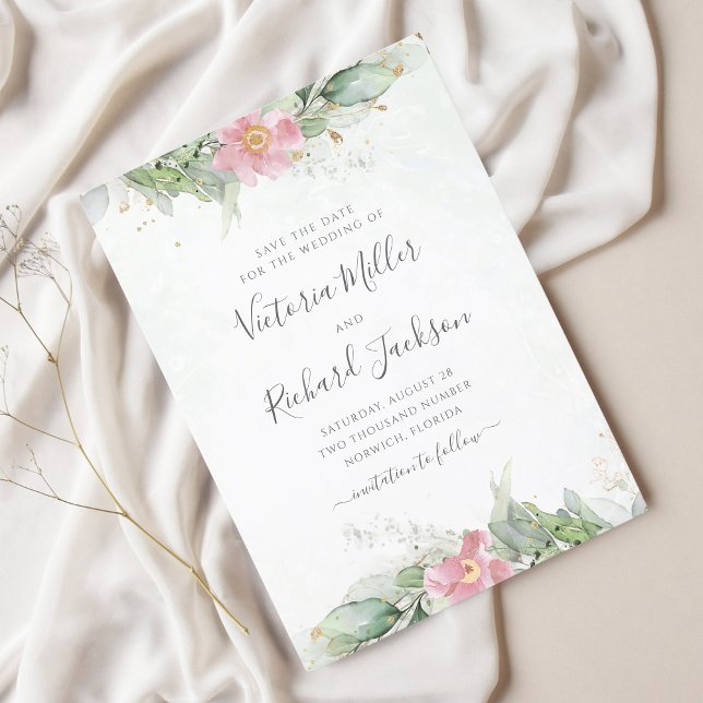 Pink Floral Eucalyptus Green Foliage Wedding Save The Date (Creator Uploaded)