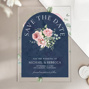 Pink Floral Eucalyptus Navy Wedding Save the Date Acrylic Invitations
