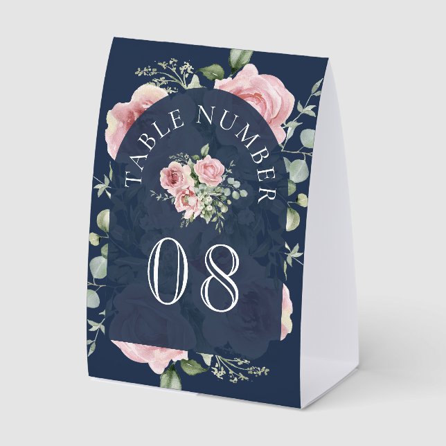 Pink Floral Eucalyptus Navy Wedding Table Number (Front)