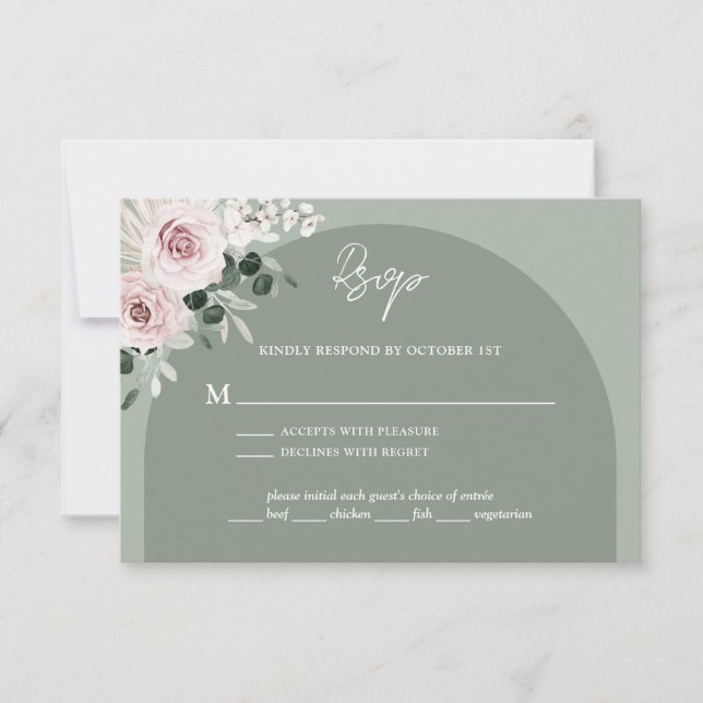 Pink Floral Eucalyptus Sage Green Wedding RSVP Card (Front)