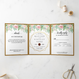 Pink Floral Fab Botanical Wedding Tri-Fold Invitation