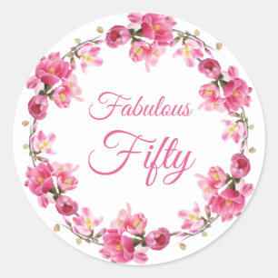 Pink Floral Fabulous 50 Birthday Classic Round Sticker