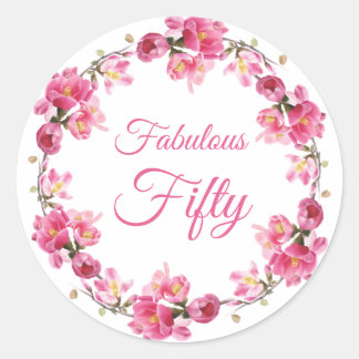 Pink Floral Fabulous 50 Birthday Classic Round Sticker
