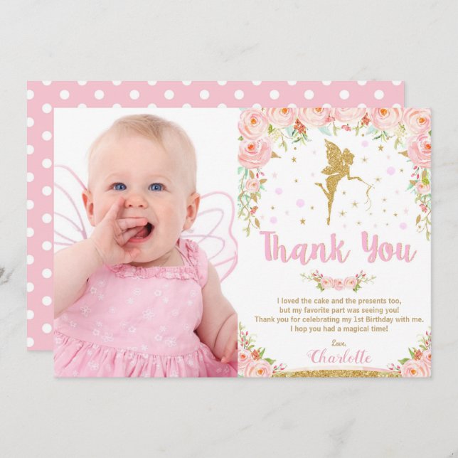 Pink Floral Fairy 1st Birthday Party Thank You Invitation (Front/Back)