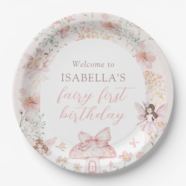 Pink Floral Fairy Birthday Paper Plate (Front)