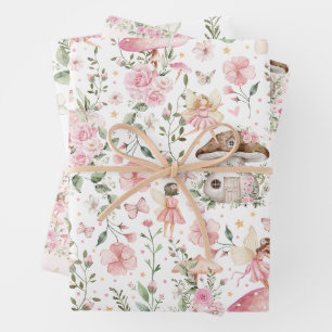 Pink Floral Fairy Enchanted Forest Tea Party Wrapping Paper Sheet
