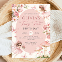 Pink Floral Fairy First Birthday Invitation