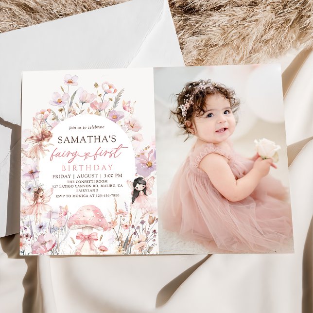 Pink Floral Fairy First Birthday Photo Invitation (Creator Uploaded)